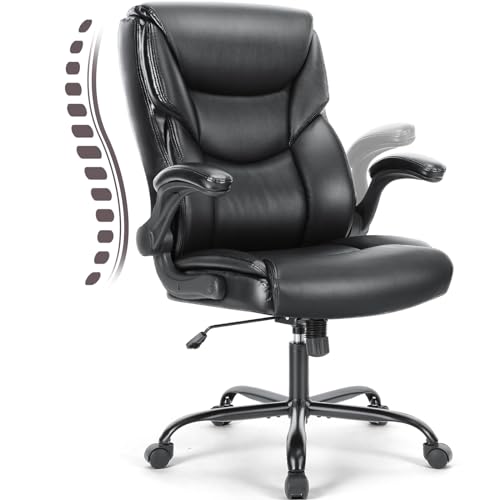 DUMOS Office Chair - Ergonomic Executive Computer Desk Chairs with Adjustable Flip-up Armrest, Swivel Task Chair with Lumbar Support, Strong Metal Base, PU Leather, Black DUMOS