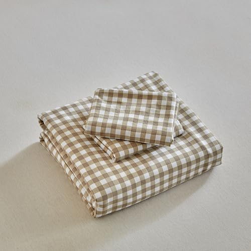 DuShow Grid Queen Duvet Cover Set - Tan Gingham Washed Microfiber Comforter Cover Set, 3 Pieces Plaid Checkered Soft Reversible Bedding Set(Tan,Queen) DuShow