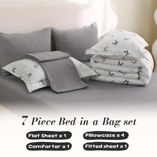 Jameswish 7 Pieces Black Bow Comforter Set for Girls Kids Soft Fluffy Bedding Set Full Size Bed in A Bag as Gifts (1 Comforter, 1 Flat Sheet, 1 Fitted Sheet, 2 Pillowcase and 2 Pillow Sham) Jameswish