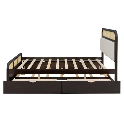 Ball & Cast Queen Wooden Platform Bed with Pull Out Trundle & Storage Drawers,Classic Bedframe W/Luxurious Padding Headboard,Rattan Accent,Modern Furniture for Bedroom Guest Room Apartment,Espresso Ball & Cast