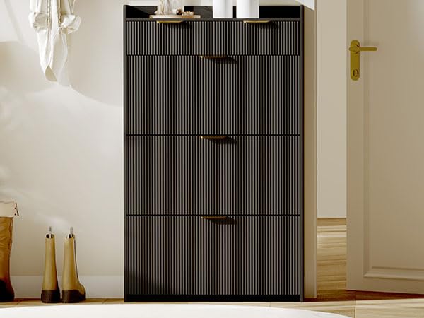 IDEALHOUSE Modern Black Shoe Cabinet with 3 Flip Drawers & 2 Small Drawers & Hook, Slim Fluted Shoe Storage Organizer, Narrow Entryway Cabinet for Apartment, Hallway, Entrance IDEALHOUSE