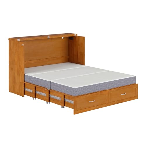 AFI, Marion Queen Wood Murphy Bed Chest with 6" Mattress, Storage Drawer, & Built-in Charger, Light Toffee AFI