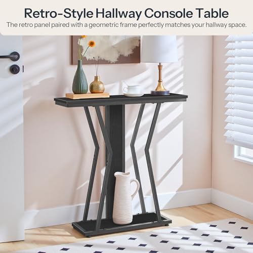 HOOBRO Narrow Console Table, 29.5" Small Entryway Table with Storage, 2-Tier Sofa Table Behind Couch, Modern Style, for Living Room, Hallway, Foyer, Bedroom, Black BB66XG01 HOOBRO