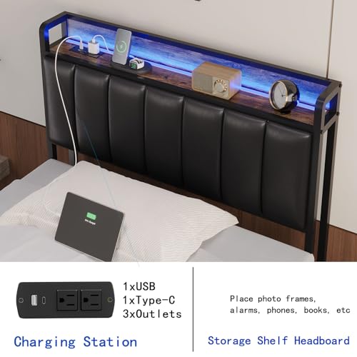 Muluflower Twin Size Upholstered Headboard with LED Lights & Charging Station, PU Upholstery, Twin Headboard Only, Height Adjustable, Attach Frame, Sturdy and Stable, Easy Assembly Muluflower