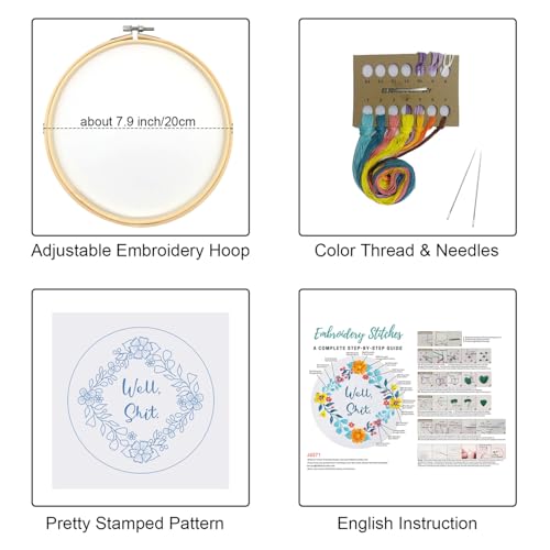 Louise Maelys Funny Embroidery Kit for Beginners,Adults Cross Stitch Kits with Flower Wreath Pattern,Needlepoint for Starters Including Cloth,Hoop,Instruction and Threads