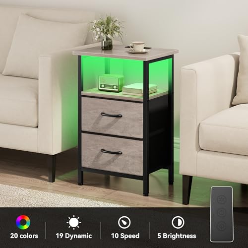Vagusicc Night Stand Set 2, LED Nightstand with Charging Station, Bedside Table with USB Ports & Outlets, 24.2" Tall End Table with open Shelf, Bed Side Table with 2 Fabric Drawers for Bedroom, Greige Vagusicc