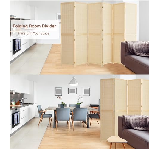 Duraspace 6 Panel Bamboo Room Divider, 5.6ft Tall Folding Privacy Screen for Room Separation and Portable Freestanding Wall Partition, Sturdy Double Hinge Folding Screen DURASPACE