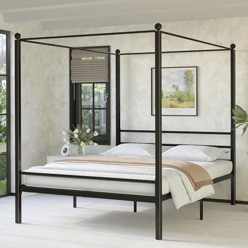 Lutown-Teen King Size Canopy Bed Frame, Four Poster Metal Canopy King Size Bed Frame, Heavy Duty Mattress Foundation with Underbed Storage, No Box Spring Needed, Easy Assembly, Black