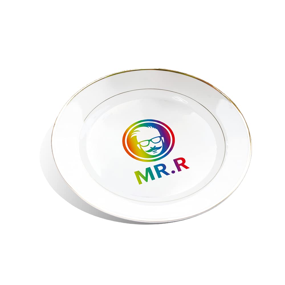 MR.R Set of 2 Sublimation Blanks White Ceramic Gold Rim Plate with Stand,Porcelain Plates, 10 inch Round Dessert or Salad Plate, Lead-Free, Safe in Microwave, Oven, and Freezer MR.R