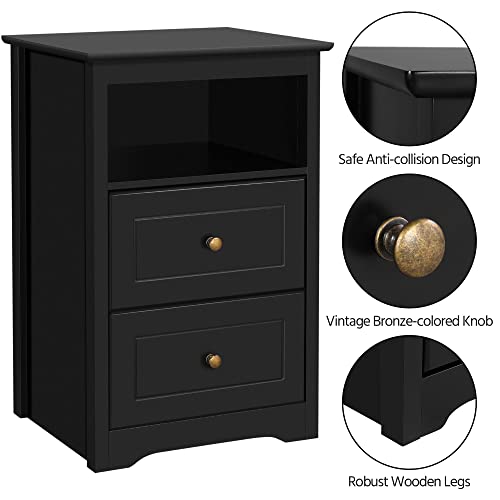 Yaheetech Nightstand Set of 2, Wooden Bedside Tables with 2 Drawer and Cubby, 2Pcs Tall Nightstand for Bedroom Small Space, Bedside Cabinet Telephone Table, 19″ L × 16″ W × 29″ H, Black Yaheetech
