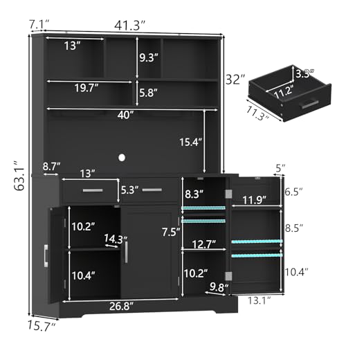 Tall Pantry Cabinet, Modern Kitchen Hutch with Microwave Stand, Kitchen Pantry Storage Cabinet with 2 Darwers & Door Shelf, Food Pantry with Goblet Holders & Adjustable Shelves for Dining Room, Black Gyfimoie