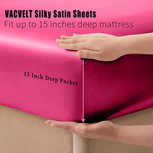VACVELT 3pcs Hot Pink Satin Sheets Twin Size Bed Set, 15 Inch Deep Pocket Silky Satin Sheet Set, Soft Satin Bedding Set Cooling & Luxury Bed Sheets, 1 Fitted Sheet + 1 Flat Sheet + 1 Pillowcase VACVELT