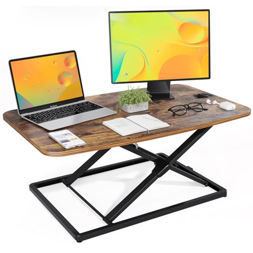 JOY worker Standing Desk Converter, 31 Inch Compact Height Adjustable Stand up Desk Riser, Ultra Low Profile Sit to Stand Table for Laptop Riser Workstation, Rustic Brown JOY worker