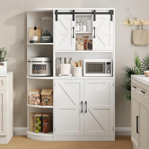 Vabches Farmhouse Pantry Cabinet, Kitchen Pantry Storage Cabinet with Sliding Door, Rustic Buffet Sideboard with Microwave Stand, Freestanding Cupboard with Shelves for Dining Room, White Vabches