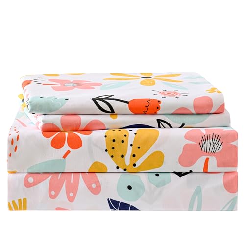 Yibeizi Floral Sheet Set for Girls Twin, Kids Cute Print Bedsheets Microfiber Deep Pocket Flower Patterned Bed Sheet & Pillowcase Sets 3 Pieces Yibeizi