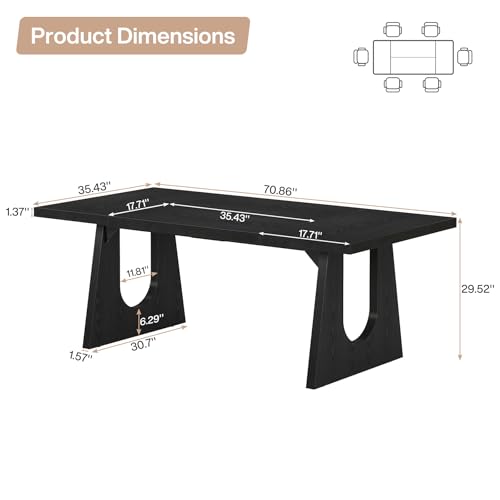 Tribesigns Large Dining Table for 6-8 People, 70.9-Inch Wood Rustic Rectangular Table with Black Wooden Legs, Farmhouse Center Kitchen Table for Dining Room, Living Room, Home Furniture, Black Tribesigns