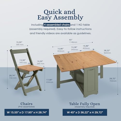 SECONIQUE Santos Butterfly Dining Set – 4 Assembled Foldable Chairs + 1 Folding Table – Space-Saving Table with Nesting Chairs - Compact and Easy to Assemble - Green & Rustic Pine Wood SECONIQUE