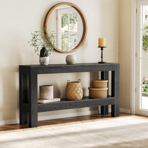 LITTLE TREE 63-Inch Black Console Table for Entryway, Narrow Long Wooden Entry Table for Living Room, Hallway, Sofa, Entrance, Foyer, Behind Couch with 2-Tier Storage Shelves LITTLE TREE