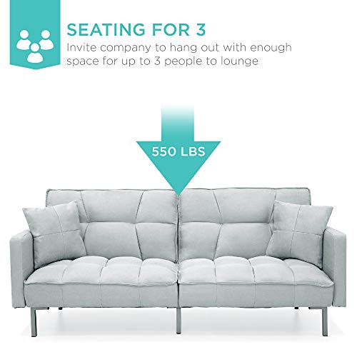Best Choice Products Convertible Linen Fabric Tufted Split-Back Plush Futon Sofa Furniture for Living Room, Apartment, Bonus Room, Overnight Guests w/ 2 Pillows, Wood Frame, Metal Legs - Light Gray Best Choice Products