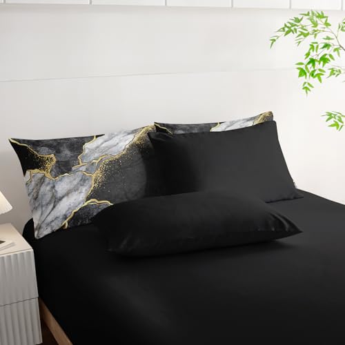 Nttopship 7 Pieces Black Gold Gray Marble Comforter Set King Size,Marble Minimalist Wind Design Bedding Quilt Set 7PCS Bed in A Bag,Bed Sheet Set All Season Lightweight Soft Microfiber Nttopship