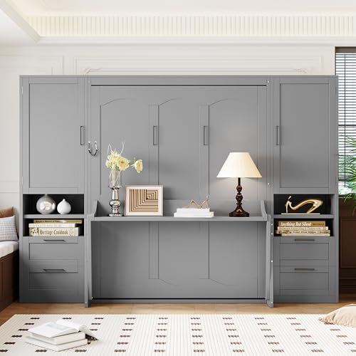 Merax Queen Size Murphy Bed with Desk, Closet, Drawers and Shelves, Fold into The Wall, Space-Saving Foldable Wood Platform Bed Frame for Small Spaces Studio Study Office Guest Room, Gray Merax