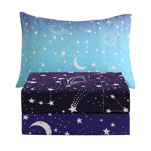 JSD Gradient Blue Moon Stars Kids Sheet Set Twin Size, 3 Piece Space Theme Microfiber Sheets Deep Pocket JSD