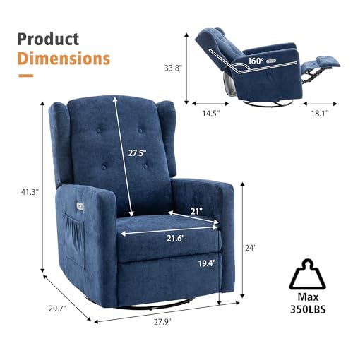 Ketaiyou Power Swivel Rocking Recliner Chair, Electric Rocker Nursery Glider Chair, USB and Type-C Ports, Upholstered Fabric Reclining Single Sofa Chair for Living Room (Blue)