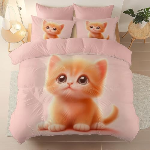 Pink 3 Piece Duvet Cover Set, 1 Printed Zipper Closure Duvet Cover with 2 Pillow Shams, Ultra Soft Brushed Microfiber Single with Minimalist Kitten Cute Generic