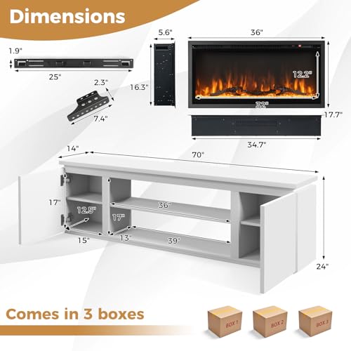Tangkula Fireplace TV Stand for TVs up to 80", 70" Media Console Table with 36" Electric Fireplace, 3 Adjustable Shelves, Anti-Tipping Kits & Soft Close Hinges, Entertainment Center (White) Tangkula