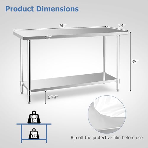 Goplus Stainless Steel Table, 60 x 24 Inches Kitchen Prep Table Work Table with Height Adjustable Under Shelf, Footpads, 900LBS Capacity, Food Prep Goplus