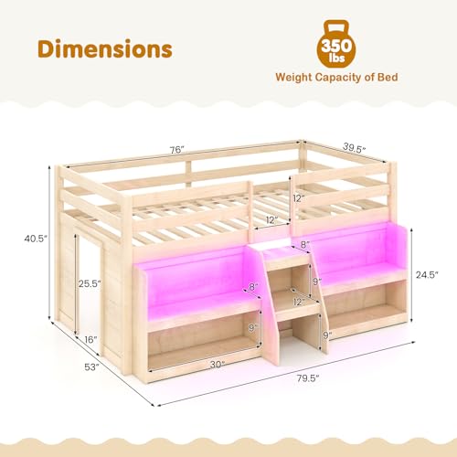 Giantex Low Loft Bed with LED Lights, Wooden Twin Loft Bed with Stairs & Safety Guardrail, Loft Bed Twin Size with Storage Bookcase and Under-Bed Play Space, Loft Bed for Kids (Natural) Giantex