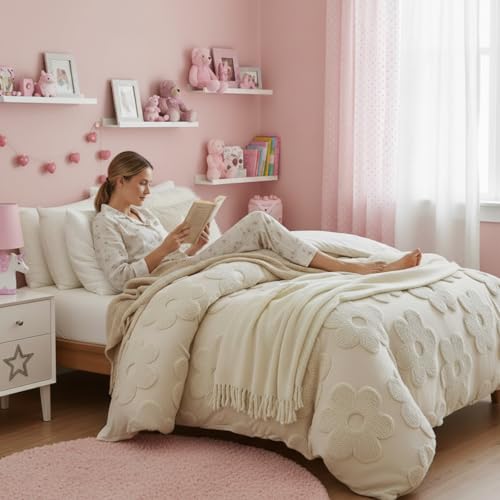 Frienda Spring Floral Full Comforter Cover Set for Girl Women 3 Pcs Tufted Khaki Floral Bedding Set Embroidery Boho Warm Tufted Bedding Include 1 Comforter Cover 2 Pillow Case for Home Gift Frienda