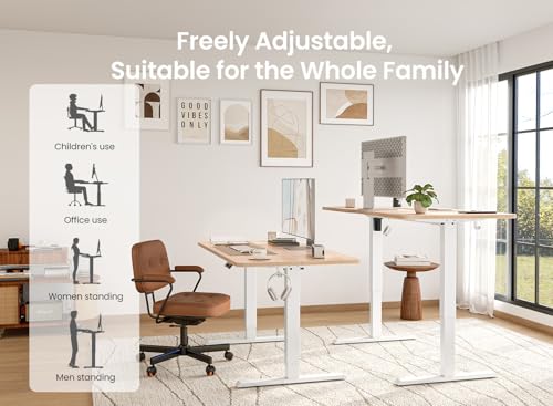 BANTI 63 × 28 Inches Standing Desk, Ergonomic, Electric Height Adjustable, Sit and Stand Up, Computer Desk with a Deeper Desktop, White Frame/Maple Top BANTI