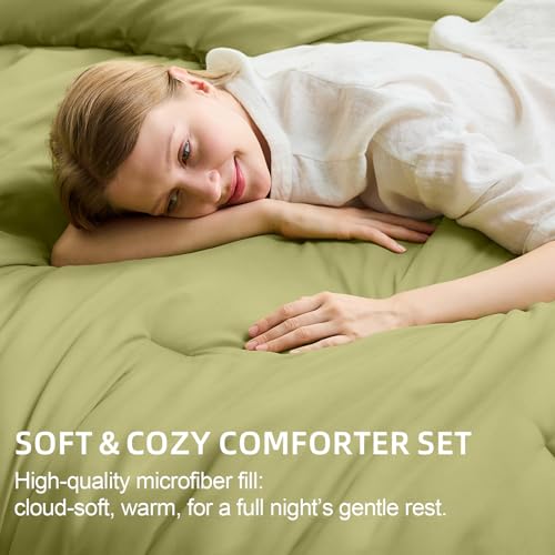 FUANNA Queen Comforter Set Olive Green, 7 Pieces Soft Bedding Sets Queen Size, All Season Lightweight Bed in a Bag with Comforter, Flat Sheet, Fitted Sheet, Pillowcases & Shams FUANNA
