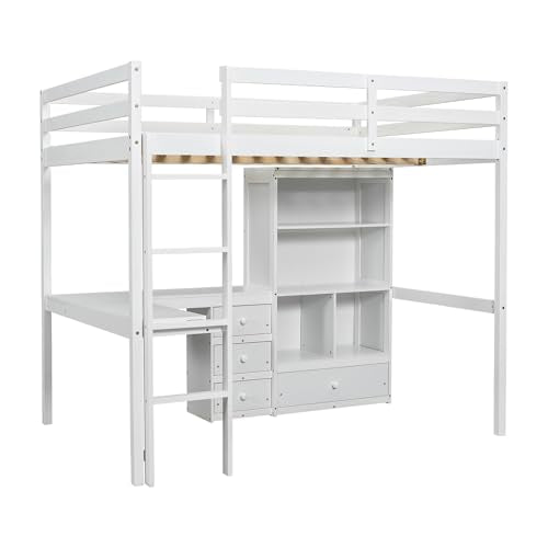 PVWIIK Full Size Loft Bed with Desk & Storage Shelves & Storage Drawers for Kids,Teens,Adults,High Loft Bed with Built-in Ladder & Guardrails,Space Saving,White PVWIIK