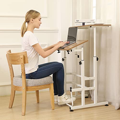 SDADI L101XWFDT Adjustable-Height Steel-Framed Mobile Standing Office Computer Desk with 2 Tiers and Lockable Caster Wheels, Dark Grain SDADI