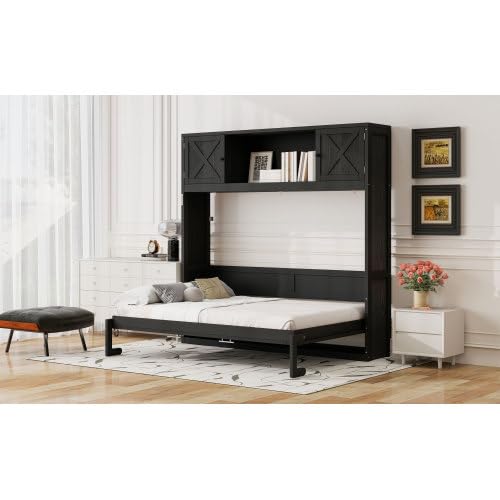 Full Horizontal Murphy Bed with Storage Cabinets,Solid Wood Farmhouse Hideaway Folding Farmhouse Murphy Wall Bed Cabinet with Storage Shelf for Adults MERITLINE