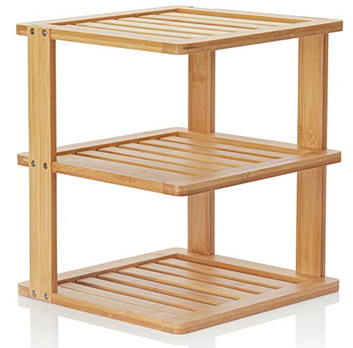 BERYLAND Bamboo Corner Shelf - 3 Tier 10 x 10 inch and 11.5 inches high. Kitchen Cabinet Organizer - Pantry Organization and Storage - Bathroom Countertop Shelves BERYLAND