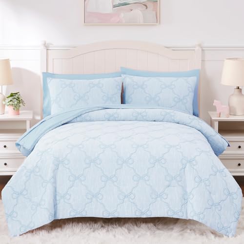 Wink Deer Queen Comforter Set with Sheets for Girls-7 Pieces Queen Bedding Sets with Light Blue Comforter, Sheets, Pillowcases & Shams for Kids (Light Blue Bow Knot, 90" X 90") Wink Deer