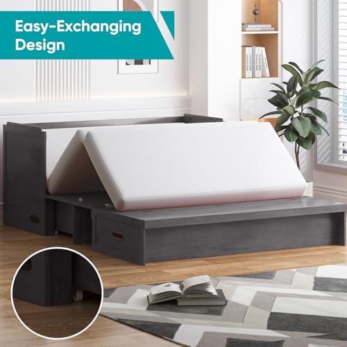 BALUS Murphy Bed, Cabinet Bed Queen with Tri-Folding Memory Foam Mattress & USB Charging Station, Farmhouse Murphy Beds Cabinet with Large Storage Drawers for Home/Guest Room/Bedroom, Gray