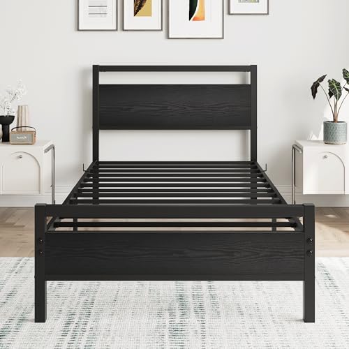 HOJINLINERO Black Twin Bed Frame with Wood Headboard,Metal Single Platform Bed Frame Twin Size No Box Spring Needed,Heavy Duty Metal Slats Support,Mattress Base,Noise Free,Easy Assembly,Black HOJINLINERO