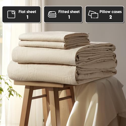 Shilucheng 100% French Linen Sheets - Queen Size Bed Sheets, Breathable & Cooling Pure Linen Sheets,Soft Durable and Tear Resistant -16 Inch Deep Pocket - 4Pcs (Linen, Queen) Shilucheng