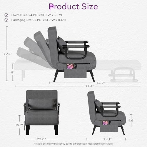 TYBOATLE Sleep Chair Bed, Comfy Convertible Sleeper Chairs for Adults, 5 in 1 Folding Sofa Bed with Adjustable Backrest & Side Pockets & Pillow, Cozy Small Couch for Small Spaces, Office (Dark Grey) TYBOATLE