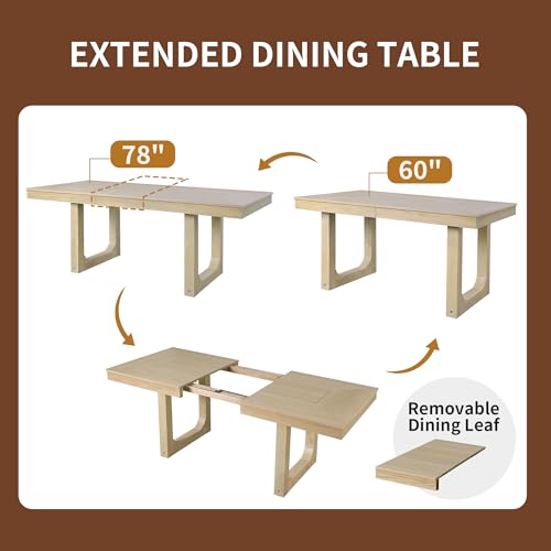 Merax 7 Piece Extendable Wooden Dining Table Set, Farmhouse Extendable with 18" Move Leaf, 78" Rustic and 6 Upholstered Chairs for Kitchen Room, Natural Merax
