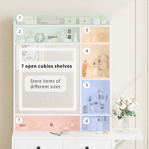 IRONCK Vanity Desk with Mirror and LED Lights, Jewelry Cabinet, Makeup Dressing Table Set with Drawers, Storage Shelves, for Bedroom, 65.3 H White IRONCK