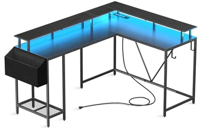 Eivanet L Shaped Gaming Desk with Power Outlets & LED Lights, Computer Desk with Monitor Stand & Storage Shelf, Home Office Desk Corner Desk with Hooks, Easy to Assemble, Black