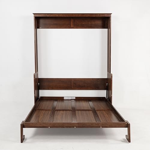 SOFTSEA Queen Size Murphy Bed with Desk, Wood Wall Bed with Gas Struts, Space Saving Foldable Murphy Bed for Small Spaces, Guest Room, Home Office (Walnut) SOFTSEA