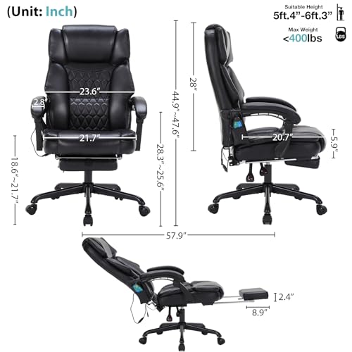 Massage Office Chair with Foot Rest 6 Points Vibration and Heat Home Office Desk Chairs for Heavy People 400lbs Reclining Managerial Chairs Ergonomic Executive Chair (Black) HESL