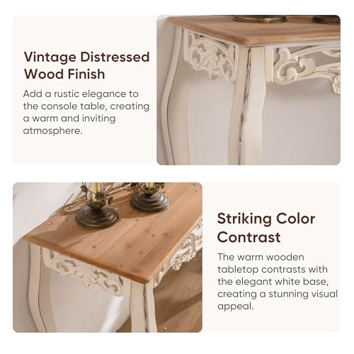 Console Table for Entryway with Carved Details, 43.31" Long Sofa Table Behind Couch, Vintage French Country Entry Table with Wood Carvings and Curved Legs for Hallway, Living Room - Antique White Dorivibe
