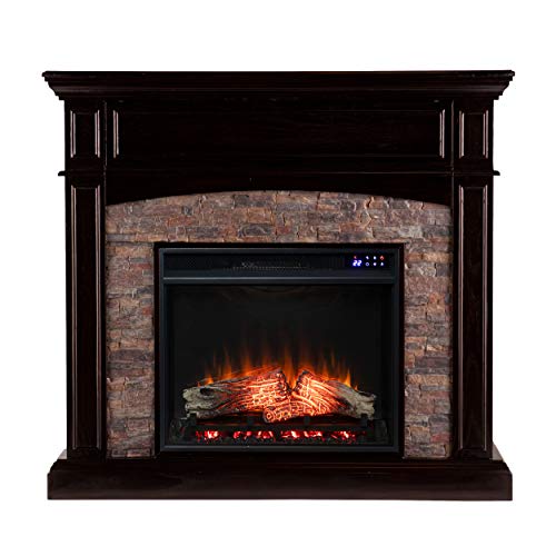 SEI Furniture Grantham Faux Stone Corner Electric Fireplace with Hidden Media Shelf, New Ebony SEI Furniture